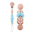 Beech wood baby rattle and light blue crochet pacifier clip set for infants - Blue Set