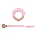 Attache-tétine en coton rose tissé et anneau de dentition en bois au crochet assorti - Rose