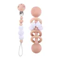 Infant pacifier clip and beech wood rattle set with white crochet beads - White Zirconia Set