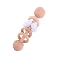 Beech wood baby rattle with white crochet balls and wooden rings for sensory play - White