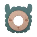 Deep teal silicone and beech wood animal teething ring for baby sensory play - Deep Green Alpaca