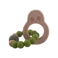Baby Beißring aus Buchenholz mit Avocado-Motiv und olivgrünen Silikonperlen - Avocadoform Beißring