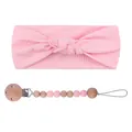 Pink ribbed headband and silicone pacifier clip set with natural wooden beads - Headband And Pacifier Chain Set / Pink