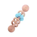 Wooden baby rattle toy with blue crochet ball and sliding rings for motor skills - Blue