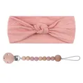 Pink bow headband and matching silicone wooden bead pacifier clip set for infants - Headband And Pacifier Chain Set / Nude Pink