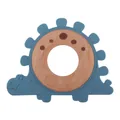 Blue silicone dinosaur baby teether with natural wooden ring for easy grasping - Dark Blue Dinosaur