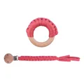 Attache-tétine tressée rose avec anneau de dentition en bois de hêtre pour bébés - Rose rouge