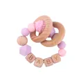 Pink silicone and wood baby teether bracelet with BABY letter cubes and crochet bead - Light Purple