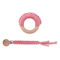 Attache-tétine et anneau de dentition en bois avec détails en coton tissé rose - Rose Poudré