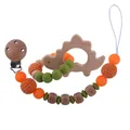 Silikon und Buchenholz Baby Schnullerkette mit Dino-Spielzeug und orangen Perlen - Dinosaurier Stil (Kette Und Beißring Kombination)