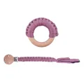 Attache-tétine en coton tressé prune et anneau de dentition en hêtre pour bébés - Lilas
