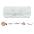 Soft white ribbed baby headband with knotted design and matching pacifier clip set - Headband And Pacifier Chain Set / White