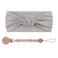 Infant set featuring a grey ribbed headband and a silicone wood bead pacifier clip - Headband And Pacifier Chain Set / Gray