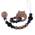 Baby Schnullerkette Set aus Silikon und Buchenholz mit Katzen-Beißring in Schwarz und Natur - Katze Stil (Kette Und Beißring Kombination)