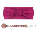 Rose pink baby headband and silicone pacifier clip set with wooden beads and metal clip - Headband And Pacifier Chain Set / Purplish Red