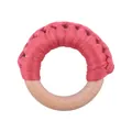 Handmade pink cotton woven baby teether with natural beech wood ring for infants - Rose Red