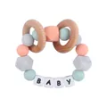 Silicone octagonal beads baby teether ring with personalized wooden letters - Light Green