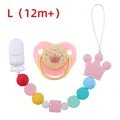 Pink silicone baby pacifier with gold crown and colorful beaded clip for age 12m+ - L (12 Months+) / Pink