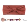 Infant set with caramel ribbed knot headband and matching beaded silicone pacifier clip - Headband And Pacifier Chain Set / Wine Red