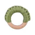 Olive green crochet cotton weave on natural beech wood ring teething toy for babies - Avocado Green
