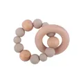Baby teething ring with natural beech wood and soft beige silicone beads on white base - Khaki