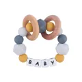 DIY silicone baby teether bracelet with wood rings and 'BABY' letter beads in grey and yellow - Turmeric