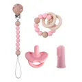 Pink silicone baby teething set with pacifier, clip chain, ring, and finger toothbrush - Pacifier Clip Teething Ring Finger Toothbrush (Pink) / Pink