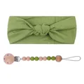 Cute green ribbed baby headband with matching wooden and silicone bead pacifier clip set - Headband And Pacifier Chain Set / Avocado Green