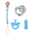 Baby silicone pacifier clip and teething set in light blue with natural wood beads - Pacifier Clip Teething Ring Finger Toothbrush (Blue) / Blue