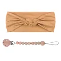 Ginger knitted bow headband and wooden silicone bead pacifier clip set for babies - Headband And Pacifier Chain Set / Coffee