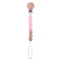Pink silicone and natural beech wood pacifier clip chain with round wooden safety clamp - Pink