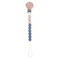 Baby pacifier clip with grey-blue silicone beads and round beech wood clamp for toddlers - Dark Blue