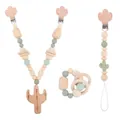 Handmade beech wood cactus baby teether set with pacifier clip and teething bracelet - Cactus Set