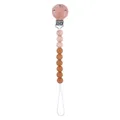 Baby pacifier clip with caramel silicone beads and beech wood beads on white background - Light Coffee