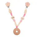 Pink crochet and silicone bead pacifier clip with orange slice wooden charm toy - Flower Stroller Chain