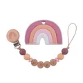 Rainbow silicone baby teether with wooden pacifier clip in soft Morandi pink and orange - Pink Jewelry Set