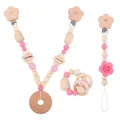 Pink silicone and wood baby teether set with pacifier clip and crochet beads - Flower Set