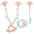 Kit de dentition en silicone avec dinosaure en bois et attaches-tétines bleues - Bleu Set