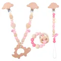 Set dentizione neonato in silicone rosa e legno con ciondolo dinosauro e clip - Set di Gioielli Rosa