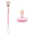 Pink silicone baby pacifier set with matching natural beech wood and silicone bead clip - Pink Jewelry Set