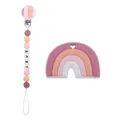 Silicone rainbow teether set with pink pacifier clip and BABY letter beads - Pink