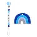 Blue silicone rainbow teether set with a matching beaded pacifier clip for infants - Blue