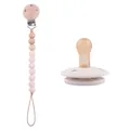 Pink silicone and beech wood baby pacifier clip set with a vintage rubber binky - Beige Set