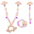 Set de dentition bébé en silicone avec attaches dinosaures et perles en bois lilas - Ensemble de Bijoux Violet