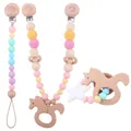 Kit attache-tétine en hêtre avec clip licorne et perles silicone aux tons pastels - Ensemble licorne
