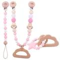 Set d'attaches-tétines en silicone et hêtre rose avec perles tricotées et hochet nuage - Ensemble Nuage