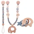 Attache-tétine bébé et anneau de dentition éléphant en bois, couleurs bleu et gris - Ensemble Éléphant
