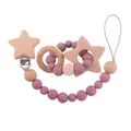 Beech wood pacifier clip and star silicone teether set in pink and natural tones - Star Style