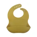 Mustard yellow silicone baby bib with adjustable neck buttons and a wide leak-proof pocket - Olive Green