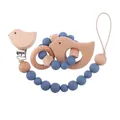 Blue silicone and beech wood baby pacifier clip set with bird-shaped teething toy - Bird Style